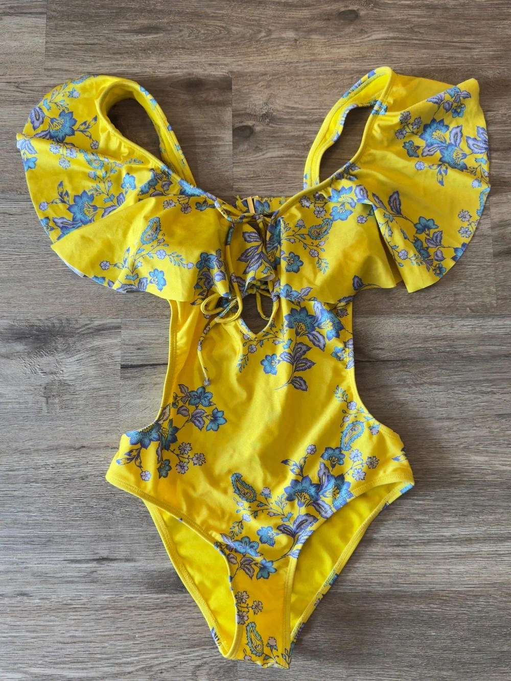 Sam Edelman Yellow‎ Floral Ruffle One-Piece Swimsuit with Blue Print